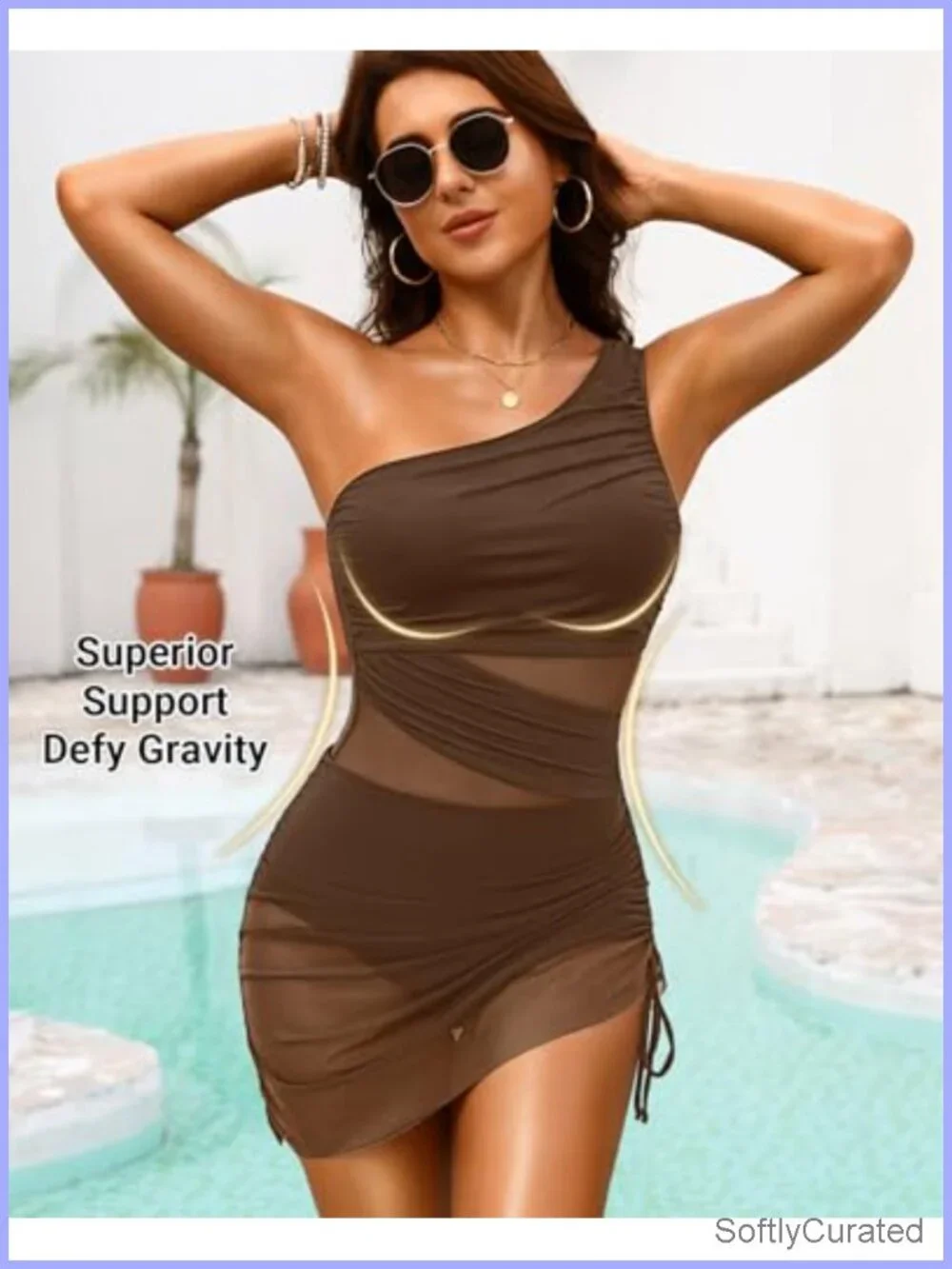 Women One Piece Swim Dress Tummy Control One Shoulder Mesh Cutout Bathing Suit